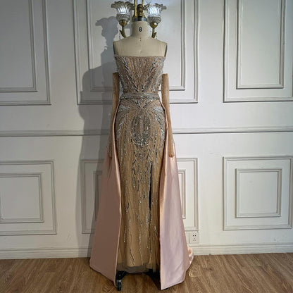 Luxury Wine Red Beaded Evening Dress Gown with Gloves and Overskirt LA72935 SERENE HILL