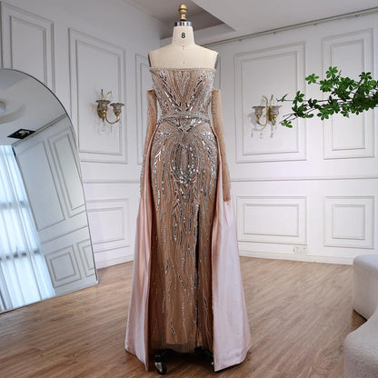 Luxury Wine Red Beaded Evening Dress Gown with Gloves and Overskirt LA72935 SERENE HILL
