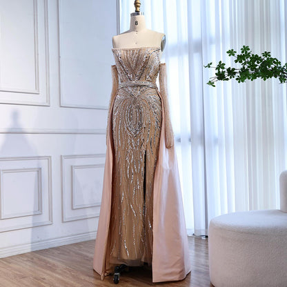 Luxury Wine Red Beaded Evening Dress Gown with Gloves and Overskirt LA72935 SERENE HILL