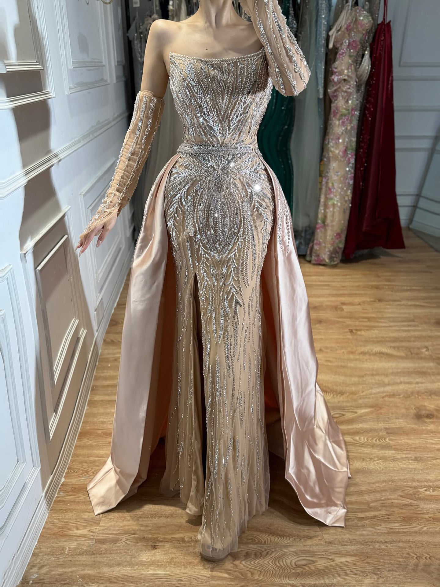 Luxury Wine Red Beaded Evening Dress Gown with Gloves and Overskirt LA72935 SERENE HILL