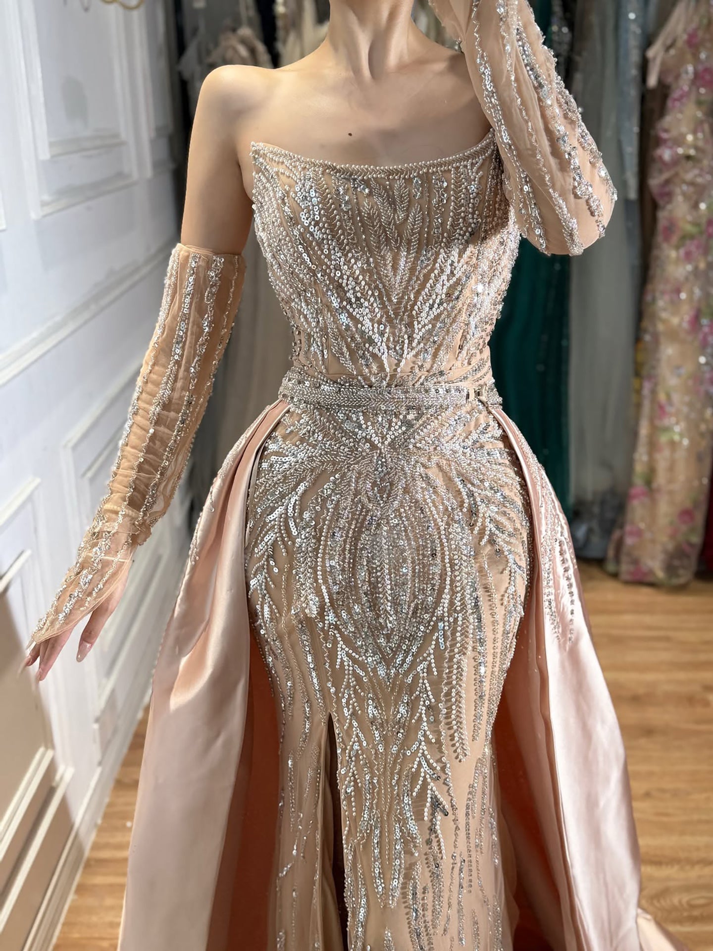 Luxury Wine Red Beaded Evening Dress Gown with Gloves and Overskirt LA72935 SERENE HILL
