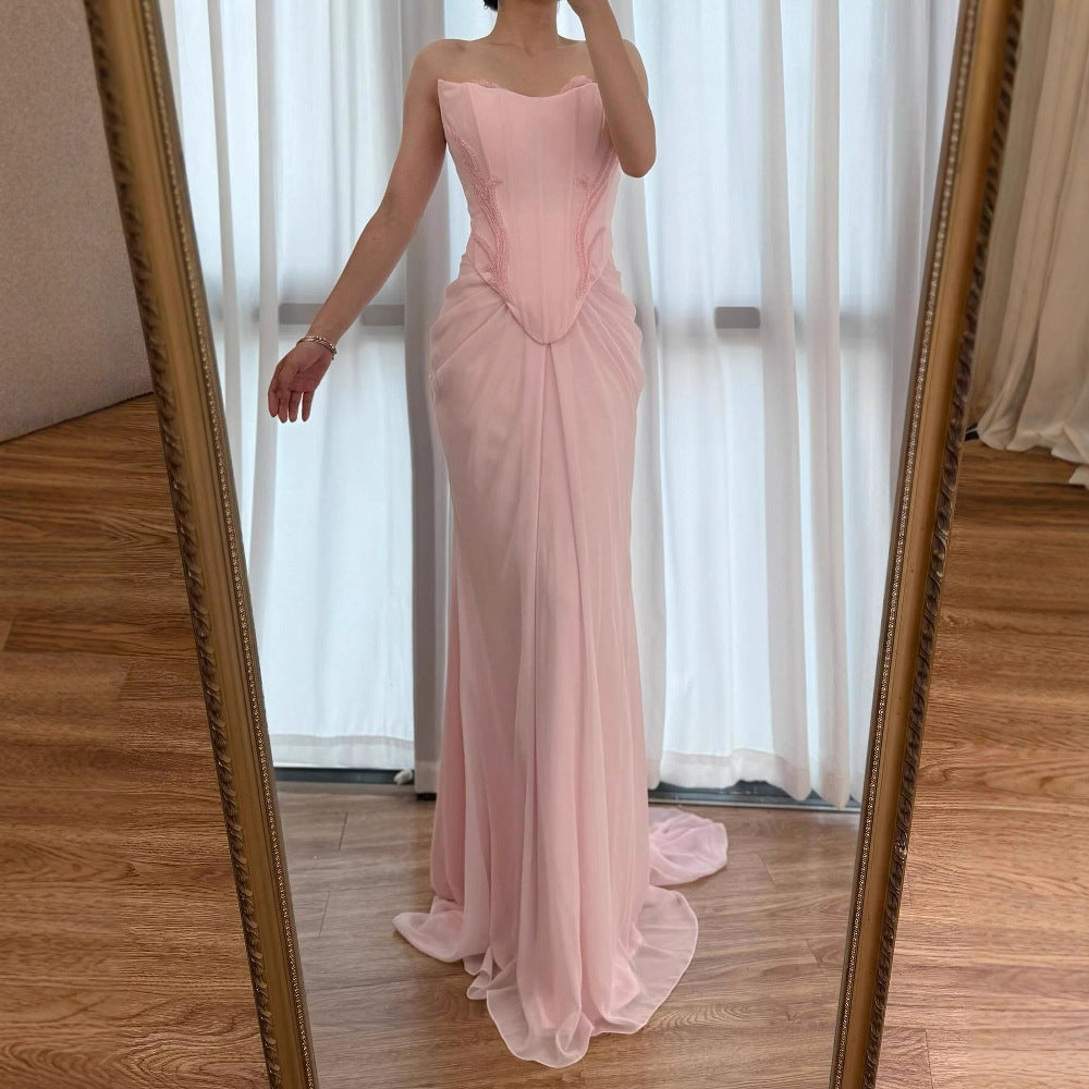 Luxury Pink Handmade Chiffon Mermaid Evening Gown LA72946