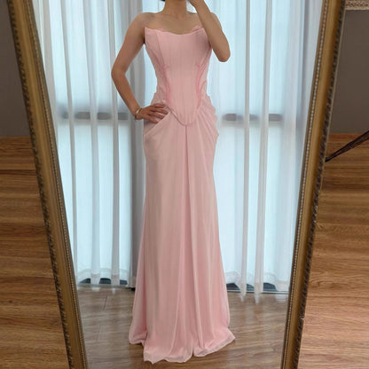 Luxury Pink Handmade Chiffon Mermaid Evening Gown LA72946