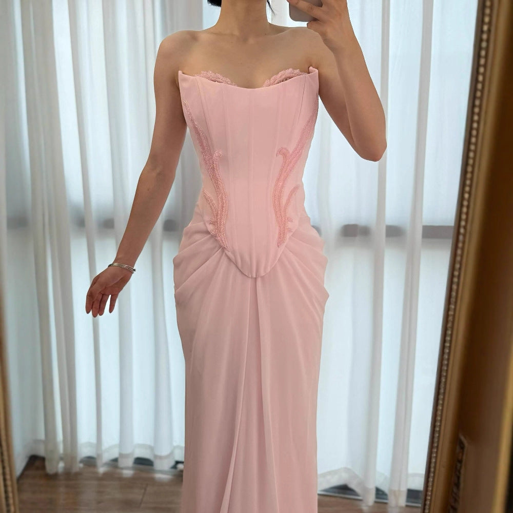Luxury Pink Handmade Chiffon Mermaid Evening Gown LA72946