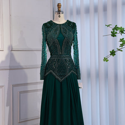Luxury Modest Designer  Blue Beaded Evening Dress with Long Sleeves LA72962 - SERENE  HILL