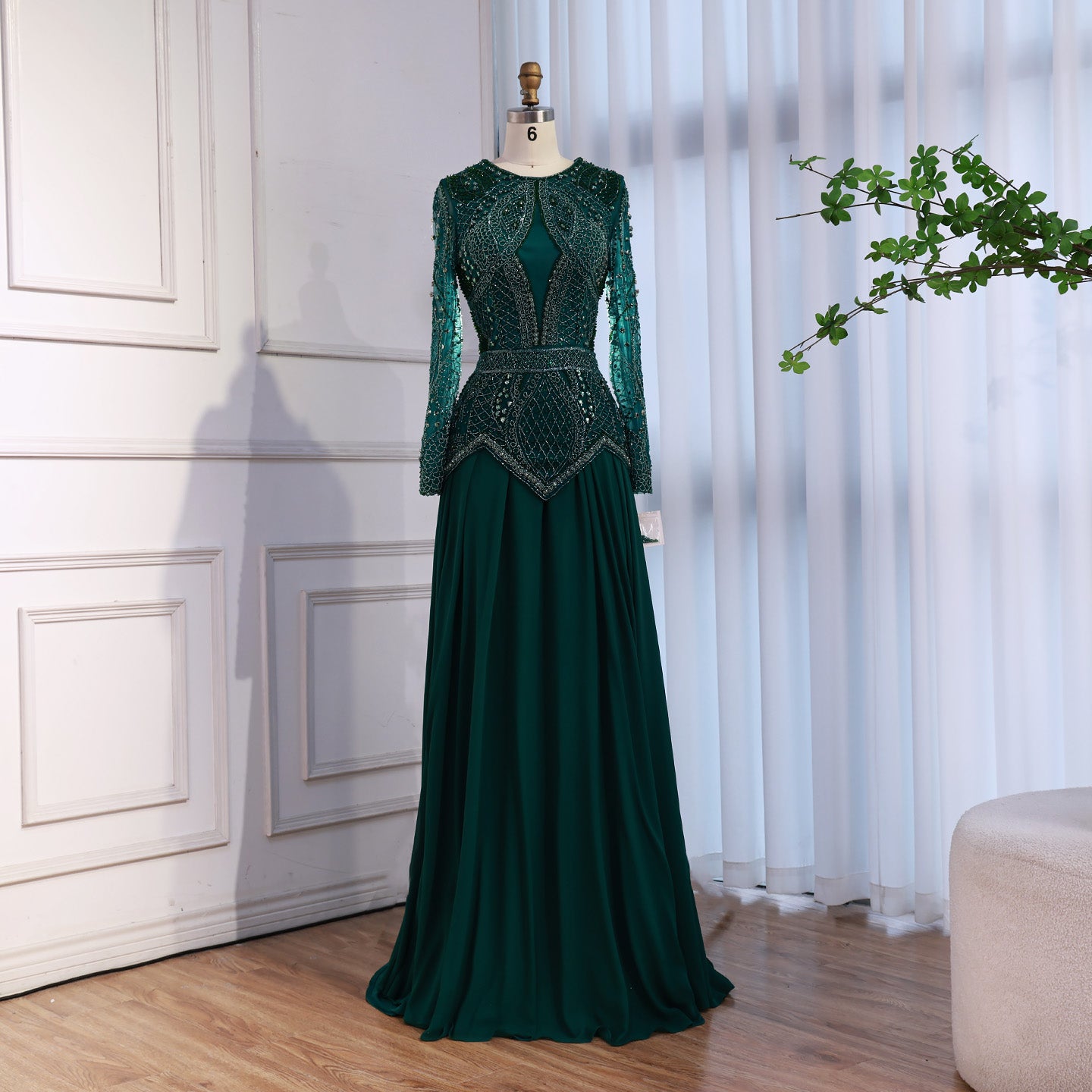 Luxury Modest Designer  Blue Beaded Evening Dress with Long Sleeves LA72962 - SERENE  HILL