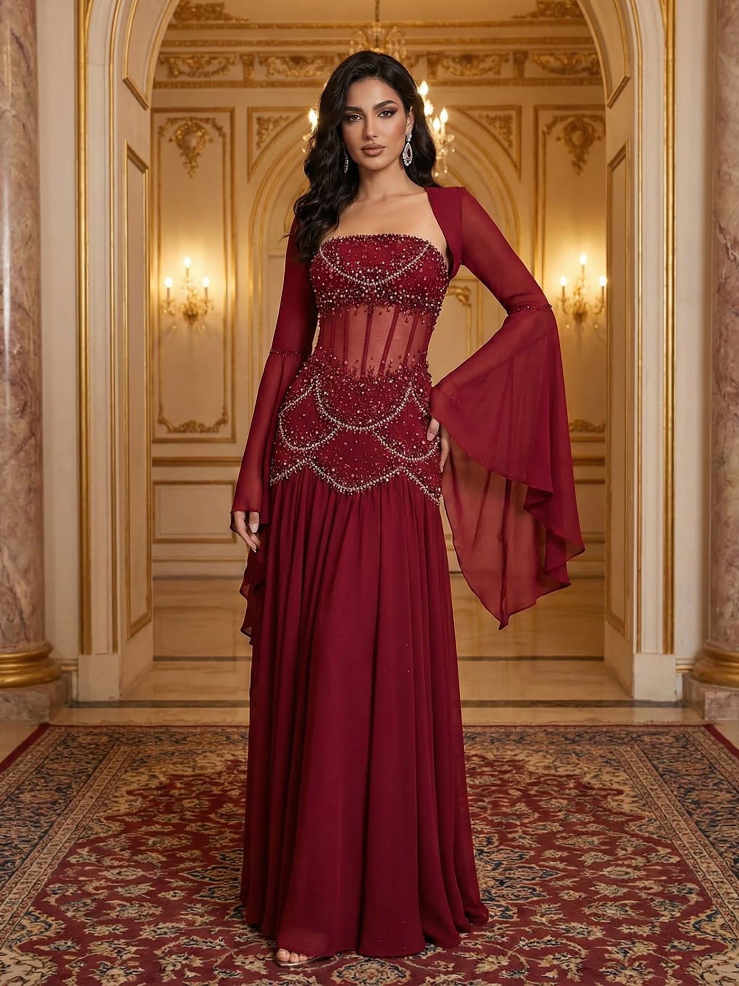 Luxury Blue Evening Dress with Pearls Tassels and Flowing Coat LA72978A - SERENE  HILL