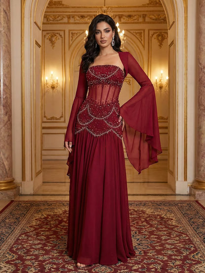 Luxury Blue Evening Dress with Pearls Tassels and Flowing Coat LA72978A - SERENE  HILL