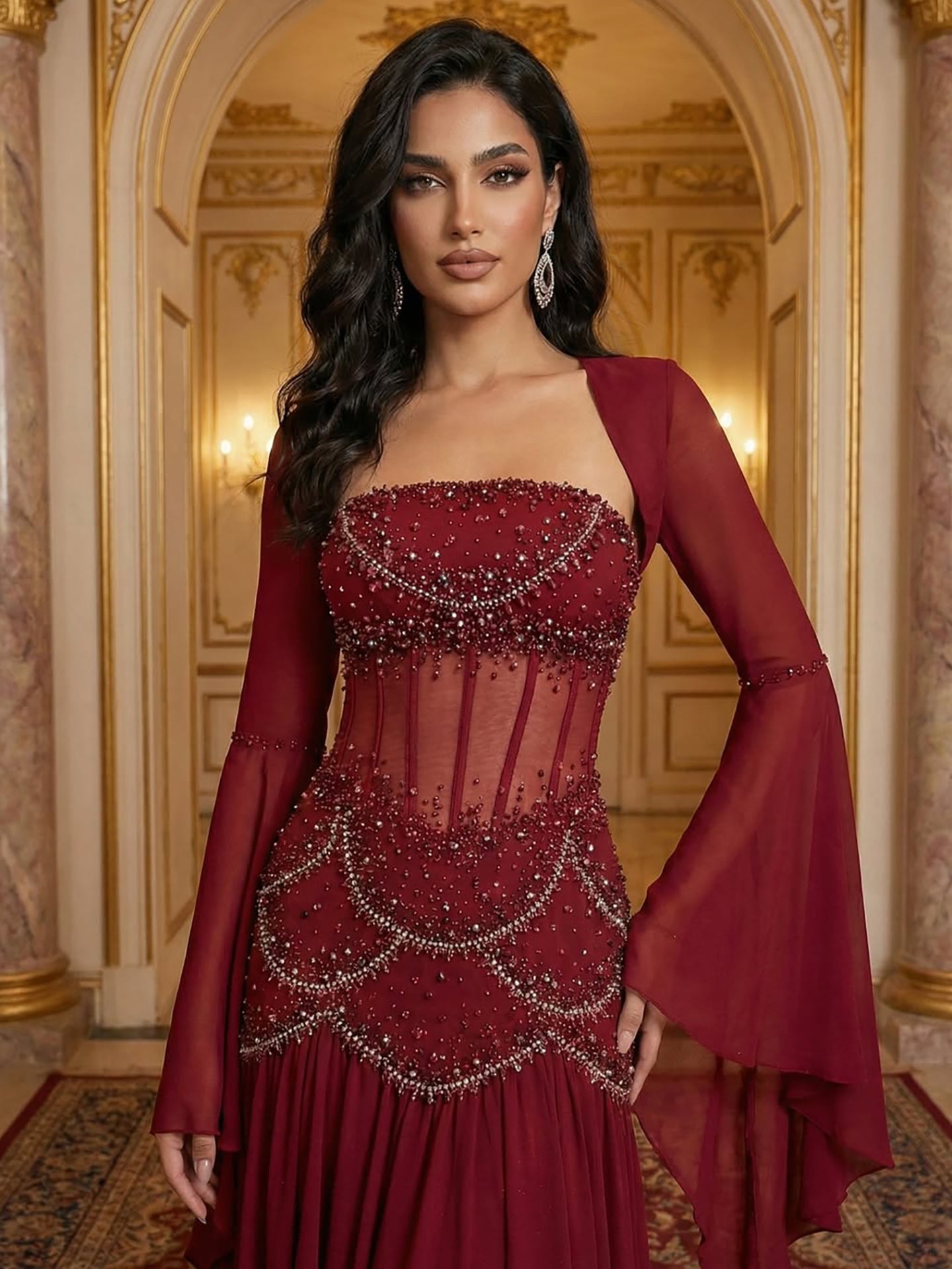 Luxury Blue Evening Dress with Pearls Tassels and Flowing Coat LA72978A - SERENE  HILL