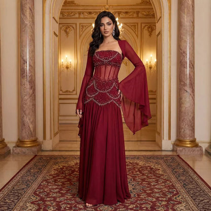 Luxury Blue Evening Dress with Pearls Tassels and Flowing Coat LA72978A - SERENE  HILL