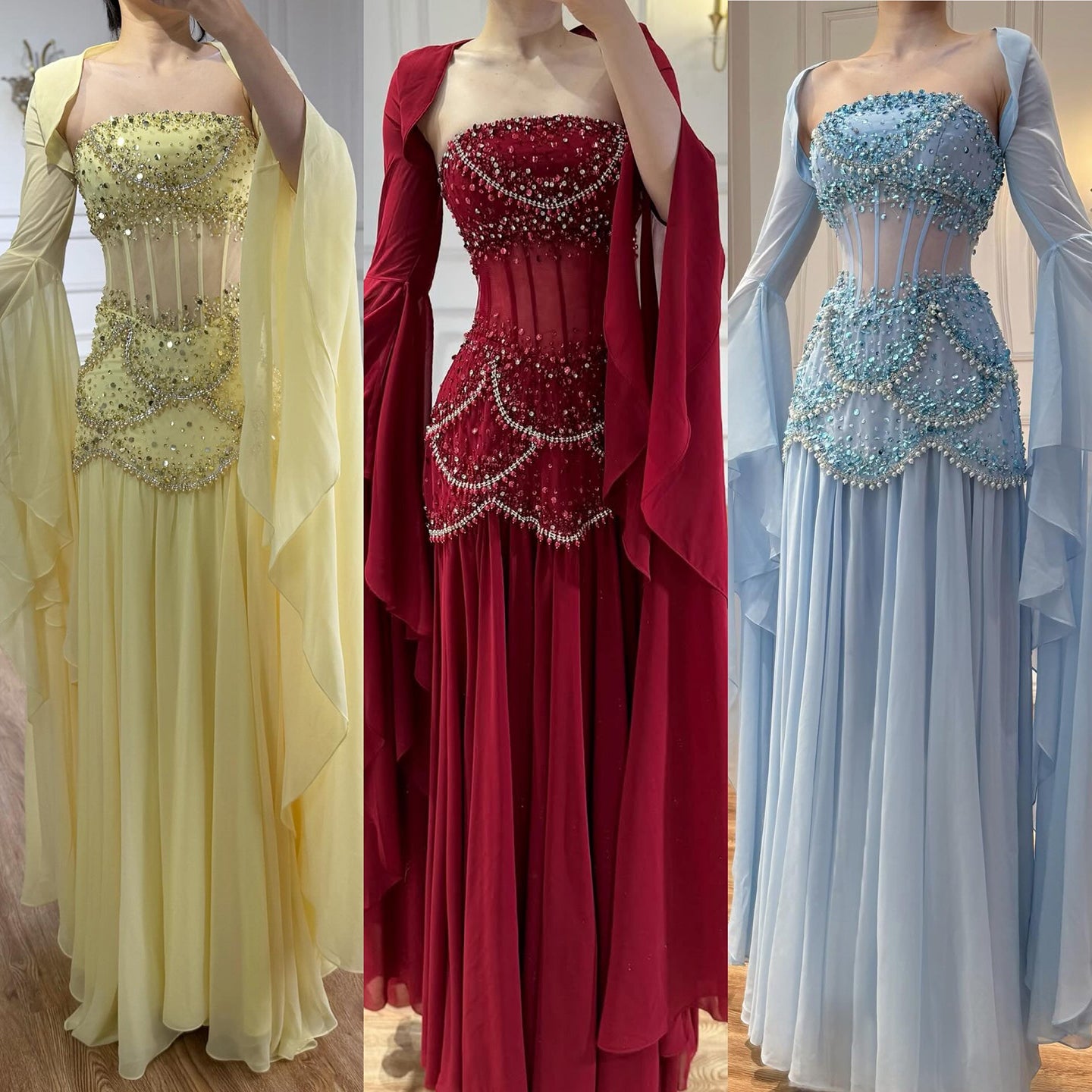 Luxury Blue Evening Dress with Pearls Tassels and Flowing Coat LA72978A - SERENE  HILL