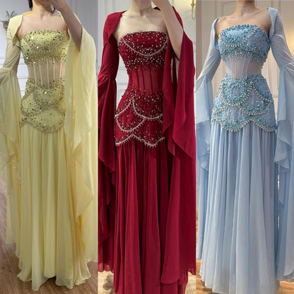 Luxury Blue Evening Dress with Pearls Tassels and Flowing Coat LA72978A - SERENE  HILL