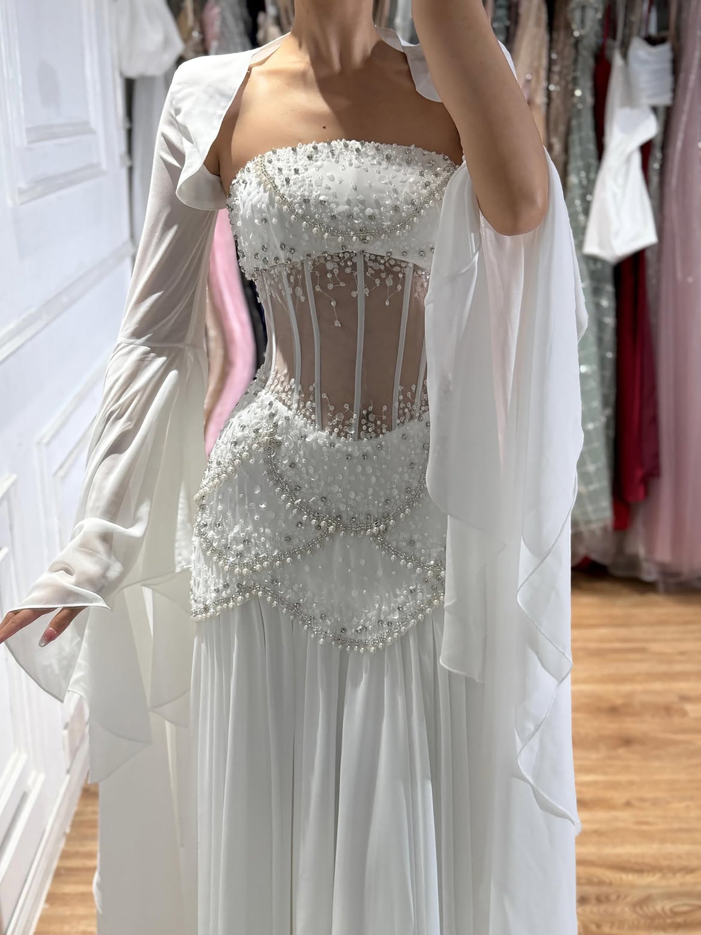 Luxury Blue Evening Dress with Pearls Tassels and Flowing Coat LA72978A SERENE HILL