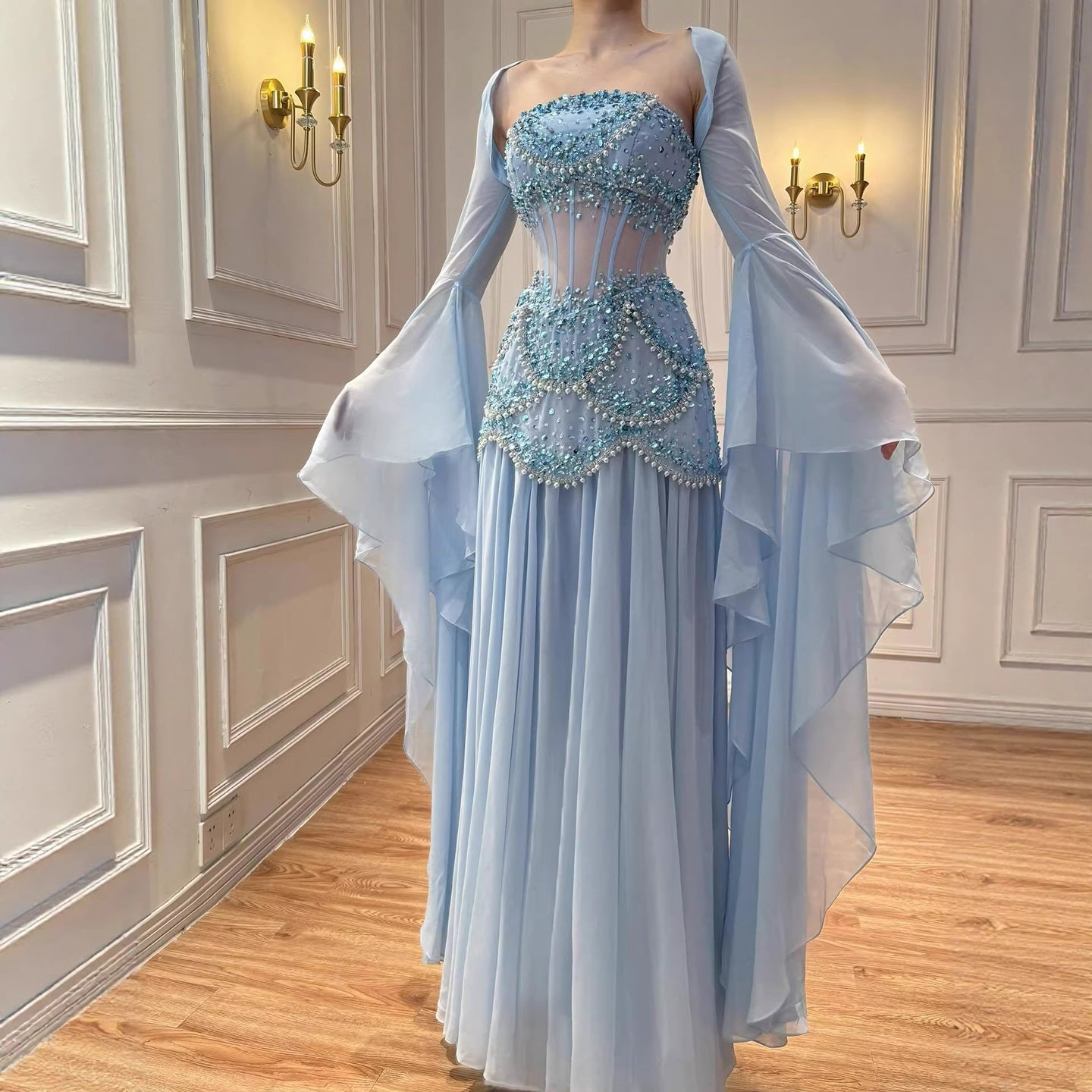 Luxury Blue Evening Dress with Pearls Tassels and Flowing Coat LA72978A - SERENE  HILL