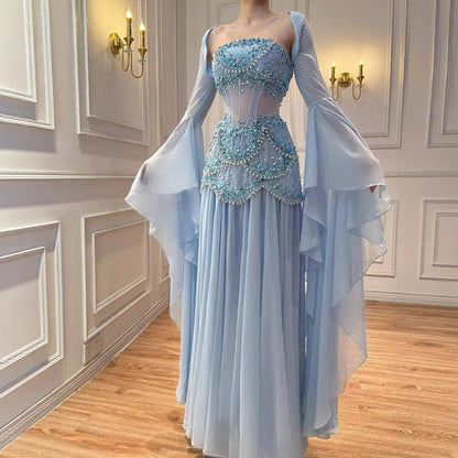 Luxury Blue Evening Dress with Pearls Tassels and Flowing Coat LA72978A - SERENE  HILL
