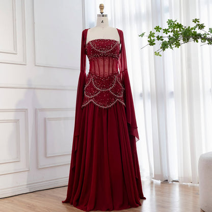 Luxury Blue Evening Dress with Pearls Tassels and Flowing Coat LA72978A - SERENE  HILL