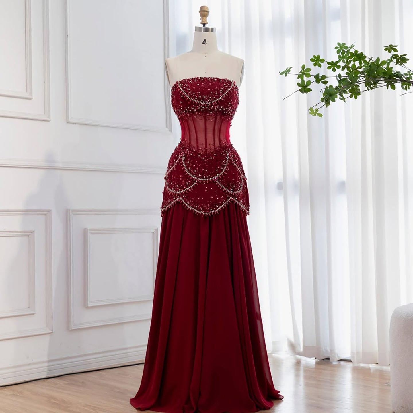 Luxury Blue Evening Dress with Pearls Tassels and Flowing Coat LA72978A - SERENE  HILL