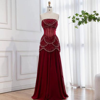 Luxury Blue Evening Dress with Pearls Tassels and Flowing Coat LA72978A - SERENE  HILL