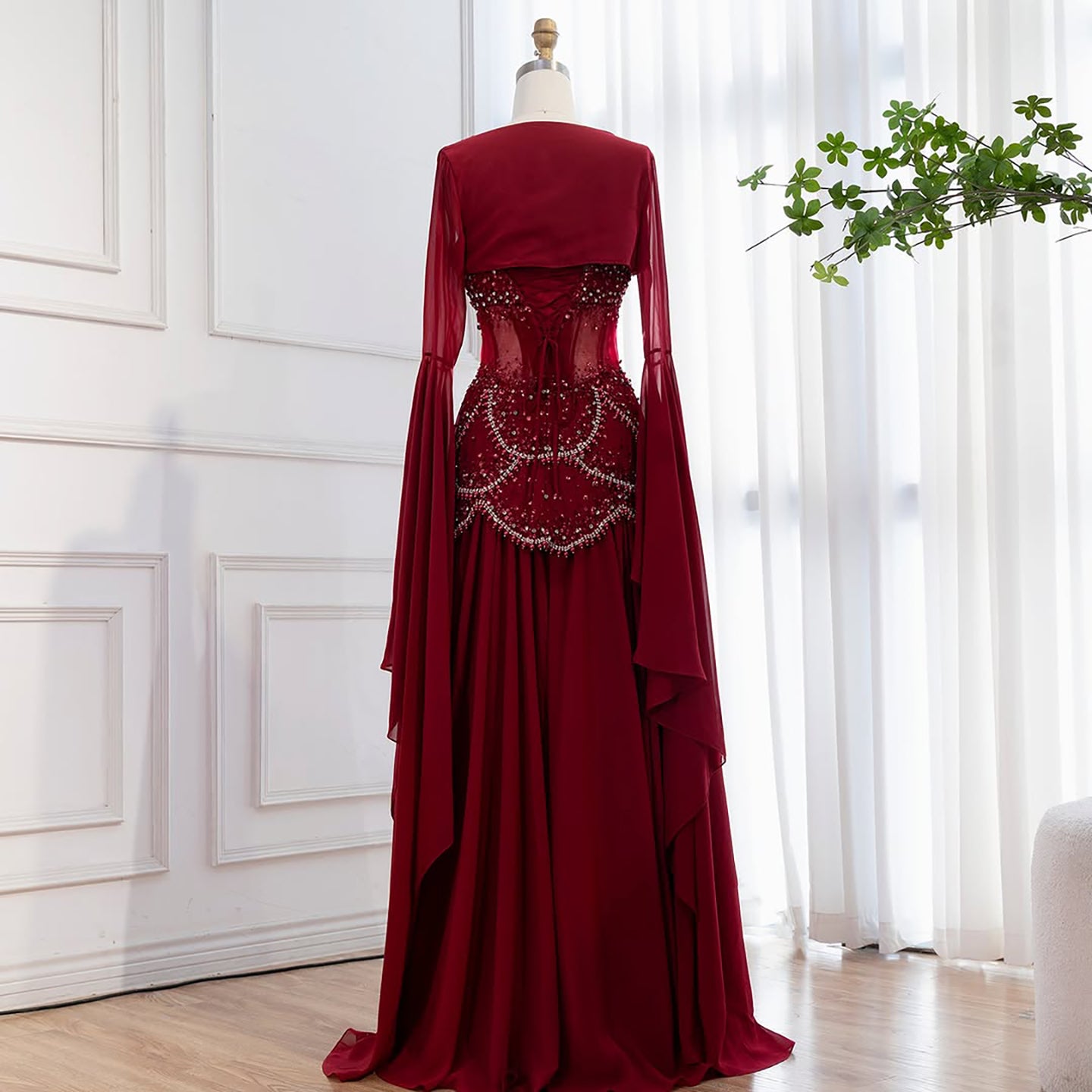 Luxury Blue Evening Dress with Pearls Tassels and Flowing Coat LA72978A - SERENE  HILL