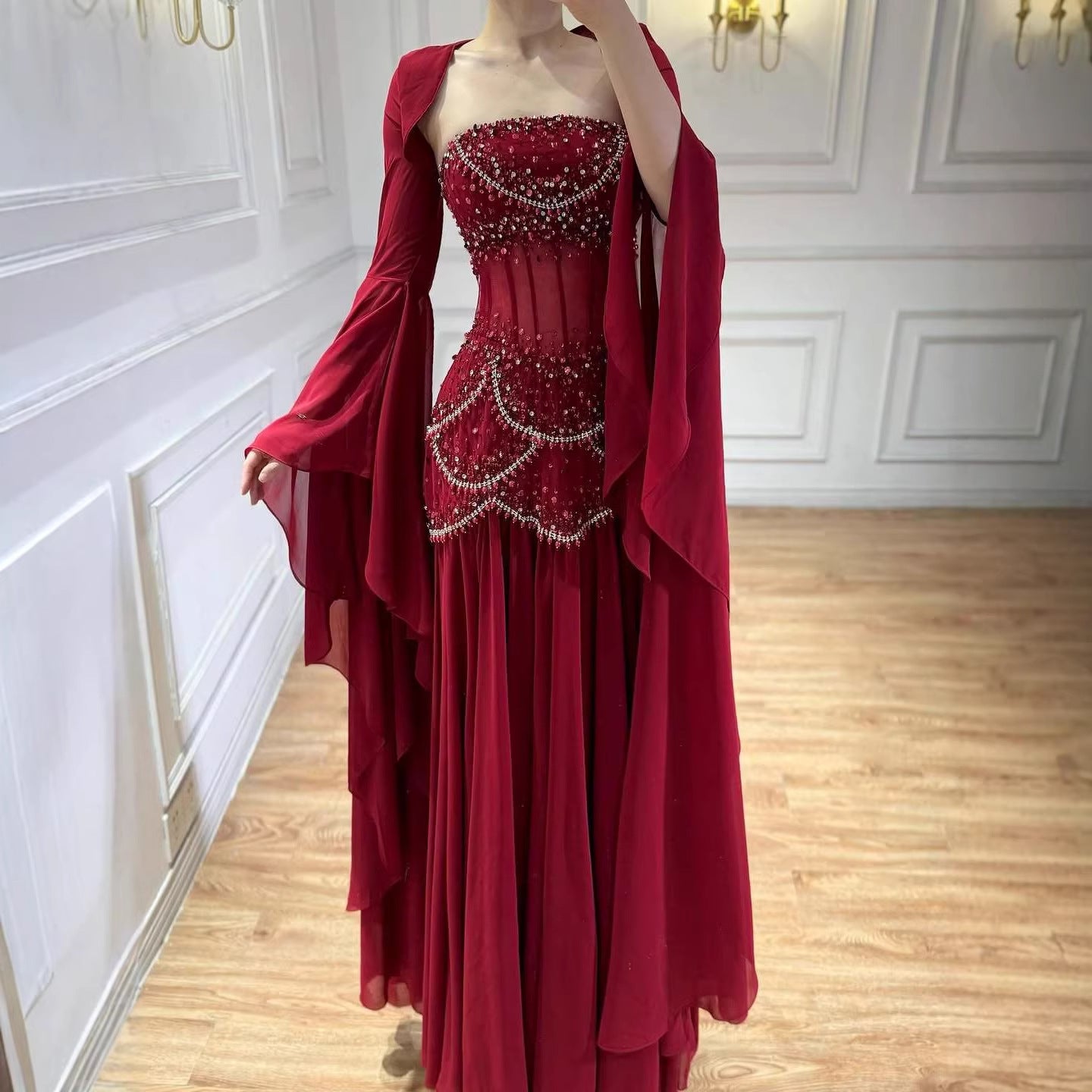 Luxury Blue Evening Dress with Pearls Tassels and Flowing Coat LA72978A - SERENE  HILL