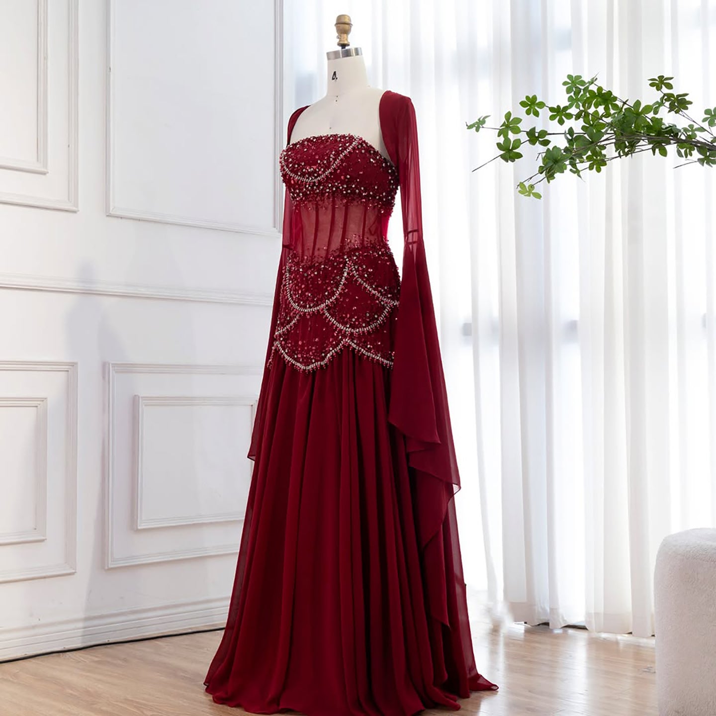 Luxury Blue Evening Dress with Pearls Tassels and Flowing Coat LA72978A - SERENE  HILL