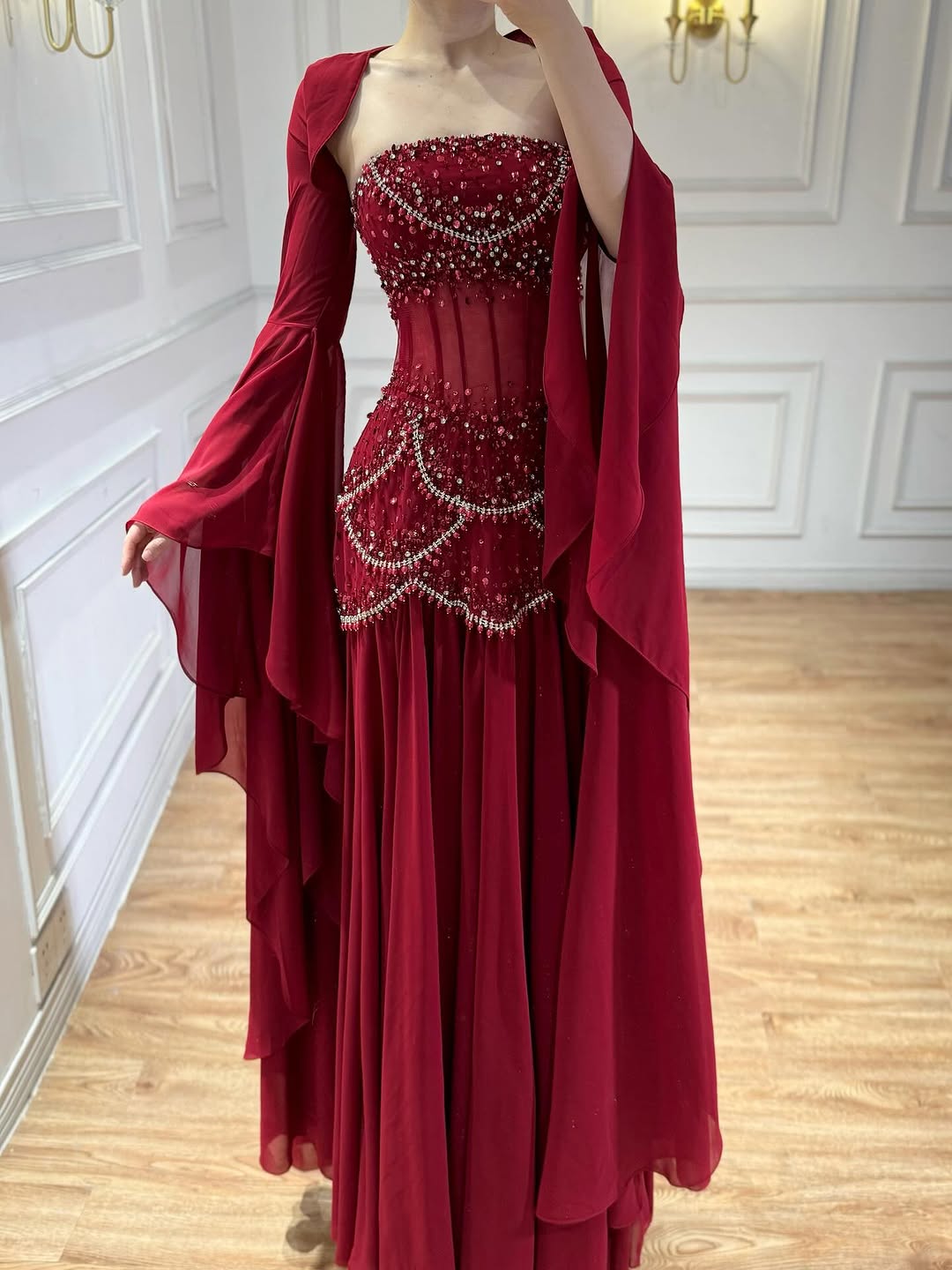 Luxury Blue Evening Dress with Pearls Tassels and Flowing Coat LA72978A - SERENE  HILL