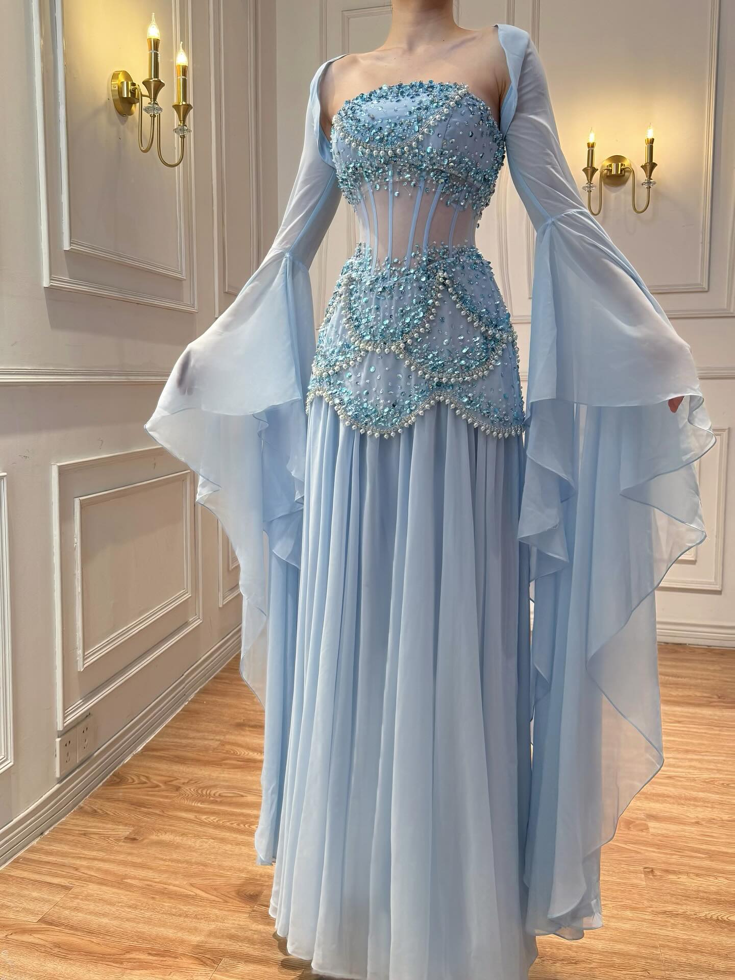 Luxury Blue Evening Dress with Pearls Tassels and Flowing Coat LA72978A Blue / 16 Luxury Blue Evening Dress with Pearls Tassels and Flowing Coat LA72978A Blue / 16