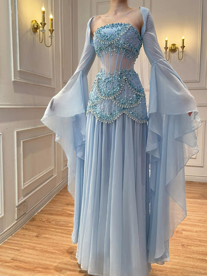 Luxury Blue Evening Dress with Pearls Tassels and Flowing Coat LA72978A - SERENE  HILL