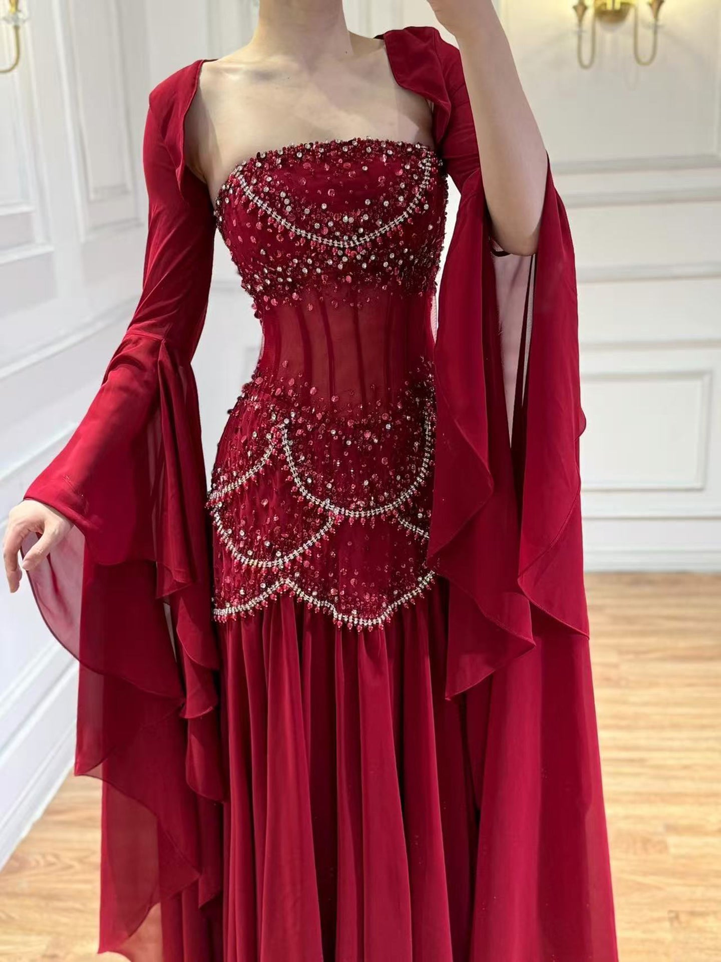 Luxury Blue Evening Dress with Pearls Tassels and Flowing Coat LA72978A - SERENE  HILL