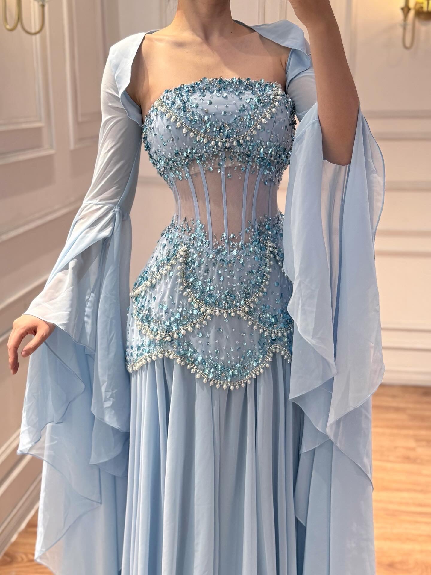 Luxury Blue Evening Dress with Pearls Tassels and Flowing Coat LA72978A - SERENE  HILL
