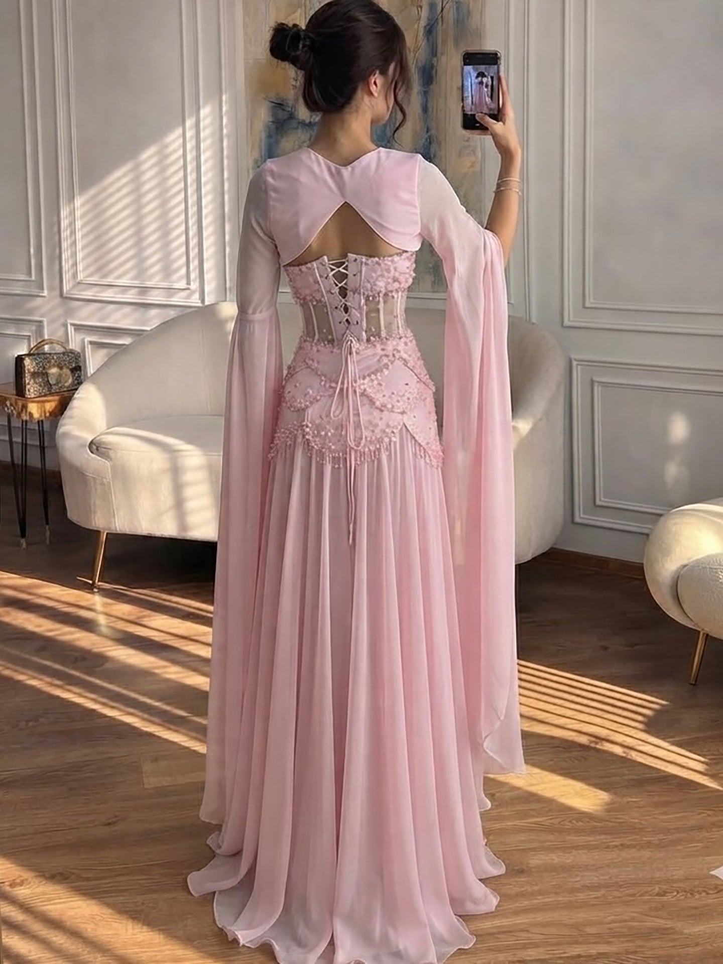 Luxury Pink Beaded A Line Dress with Chiffon Cape Sleeves LA72978B SERENE HILL