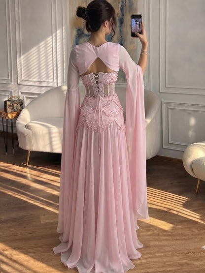 Luxury Pink Beaded A Line Dress with Chiffon Cape Sleeves LA72978B SERENE HILL
