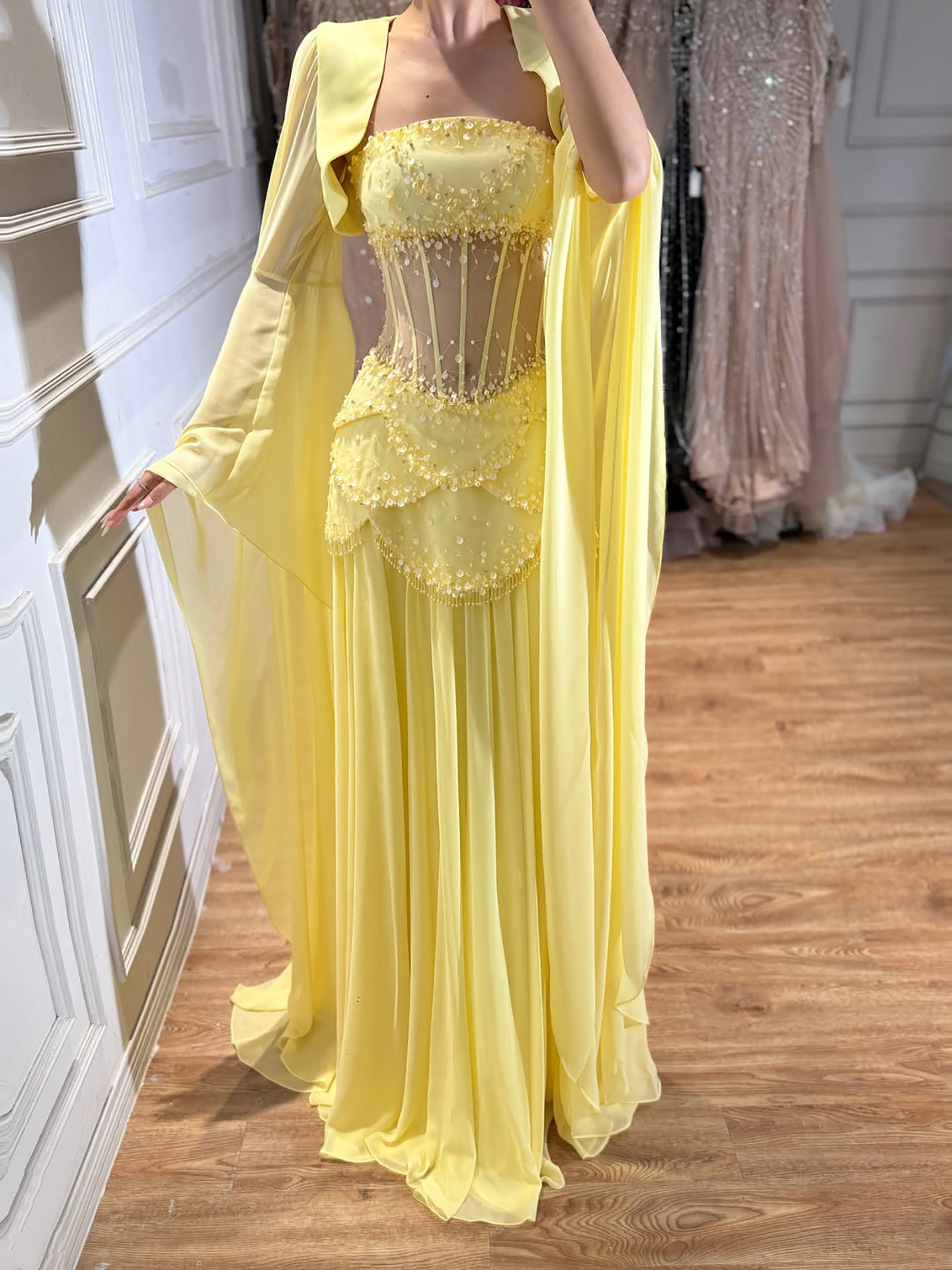 Luxury Pink Beaded A Line Dress with Chiffon Cape Sleeves LA72978B SERENE HILL