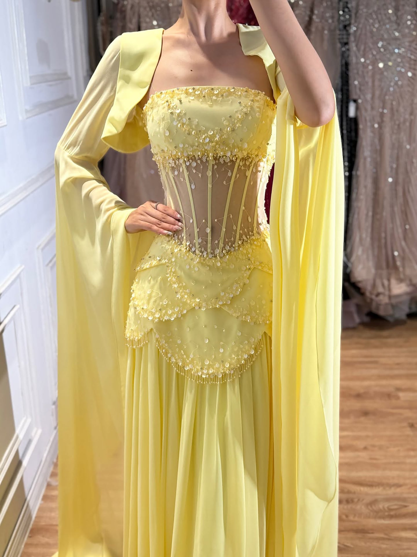 Luxury Pink Beaded A Line Dress with Chiffon Cape Sleeves LA72978B SERENE HILL