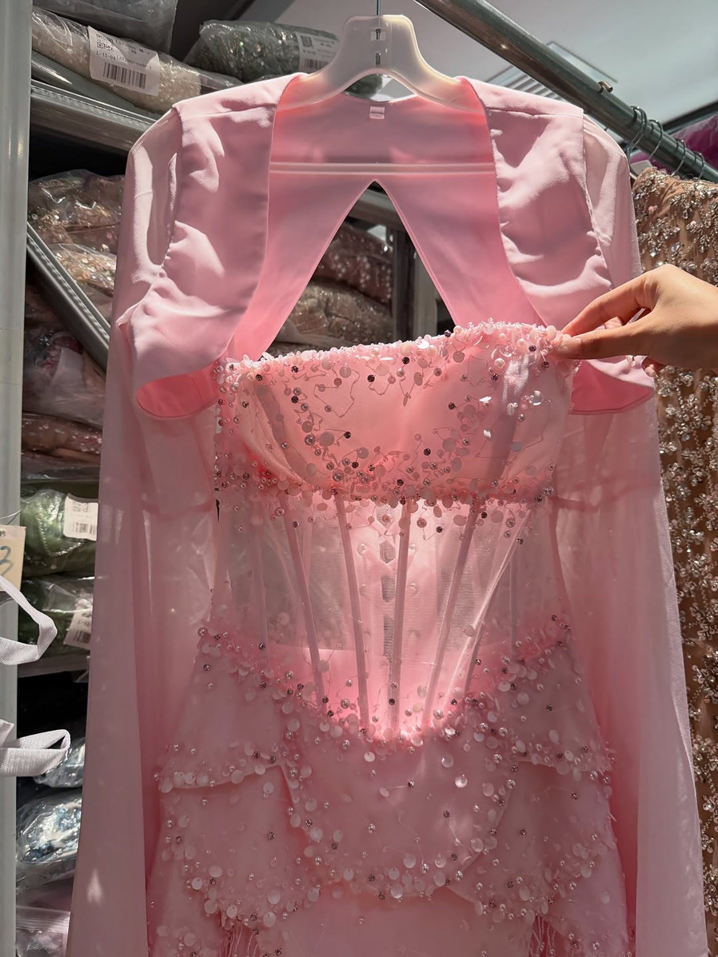 Luxury Pink Beaded A Line Dress with Chiffon Cape Sleeves LA72978B SERENE HILL