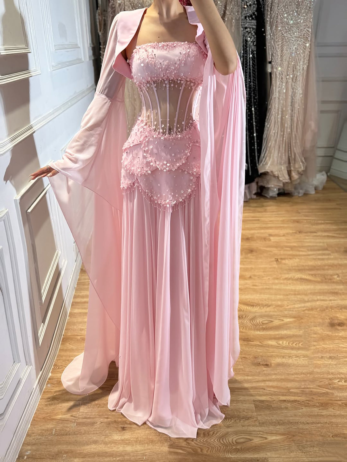 Luxury Pink Beaded A Line Dress with Chiffon Cape Sleeves LA72978B SERENE HILL