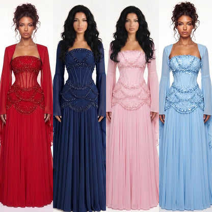 Luxury Pink Beaded A Line Dress with Chiffon Cape Sleeves LA72978B SERENE HILL