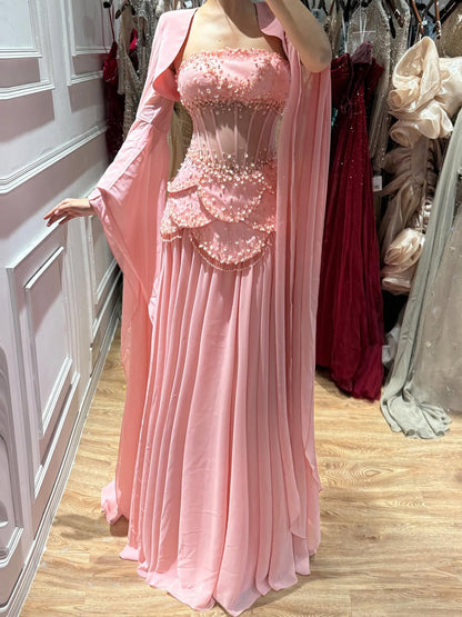 Luxury Pink Beaded A Line Dress with Chiffon Cape Sleeves LA72978B SERENE HILL