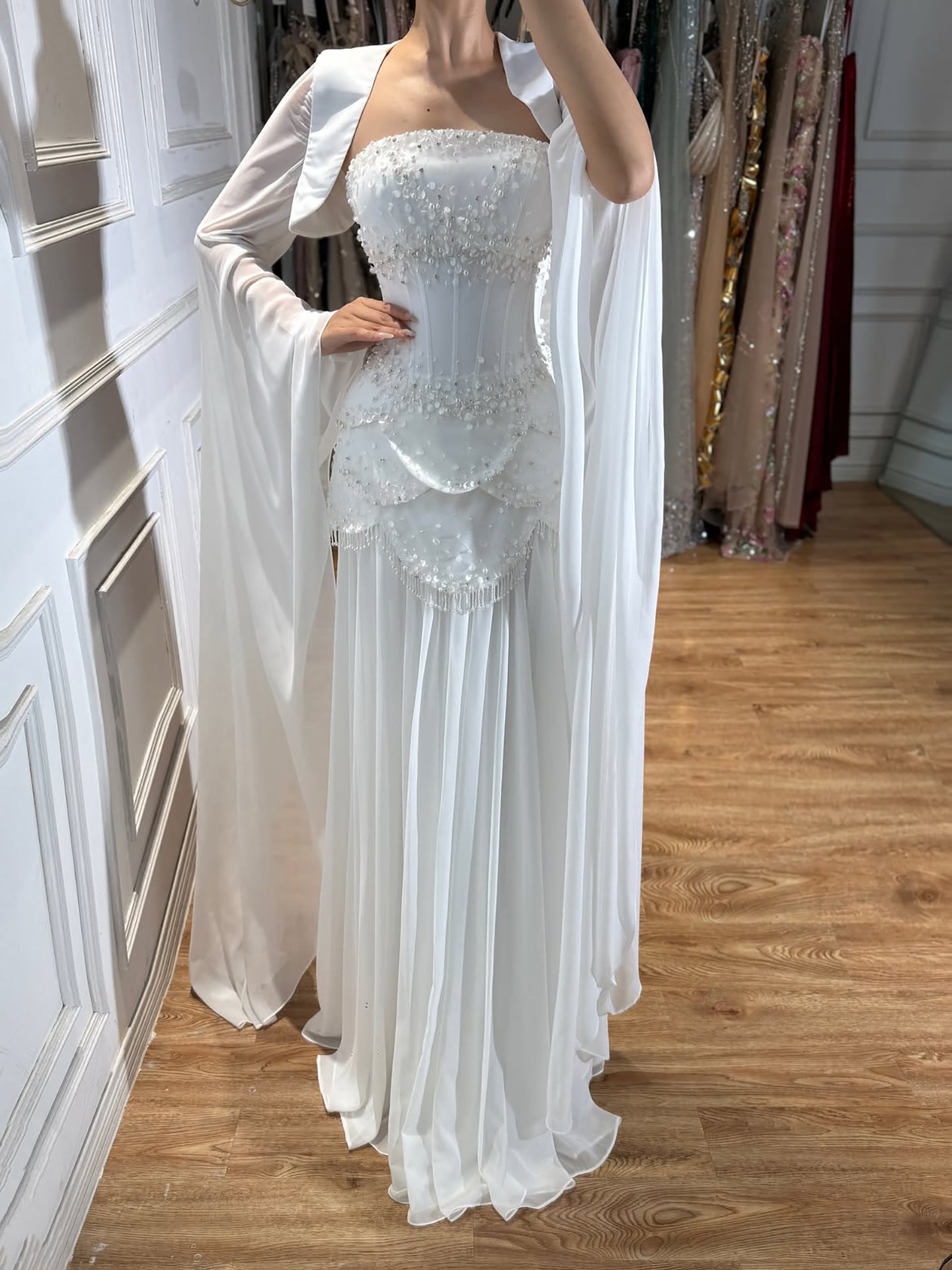 Luxury Pink Beaded A Line Dress with Chiffon Cape Sleeves LA72978B SERENE HILL