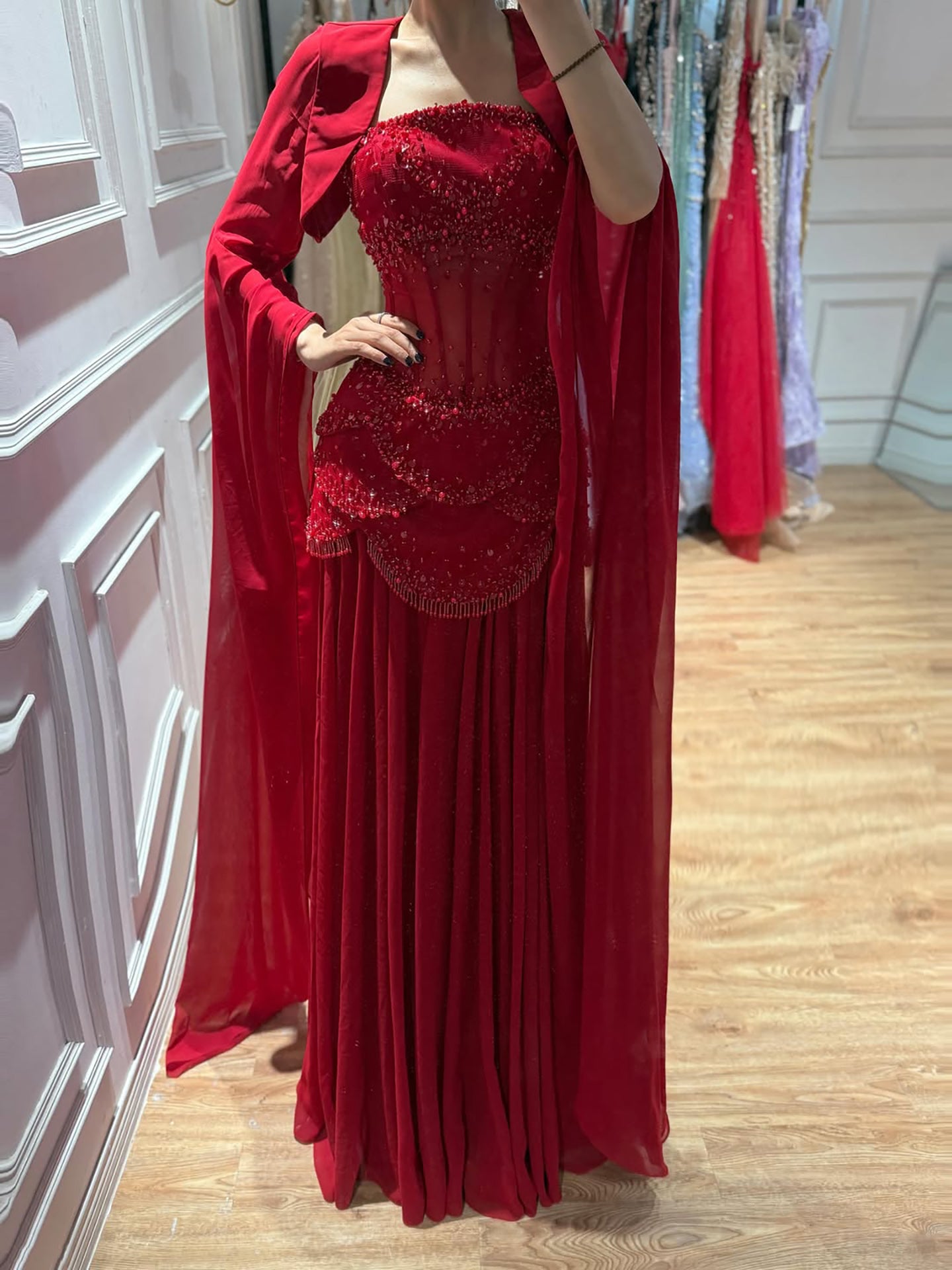 Luxury Pink Beaded A Line Dress with Chiffon Cape Sleeves LA72978B SERENE HILL