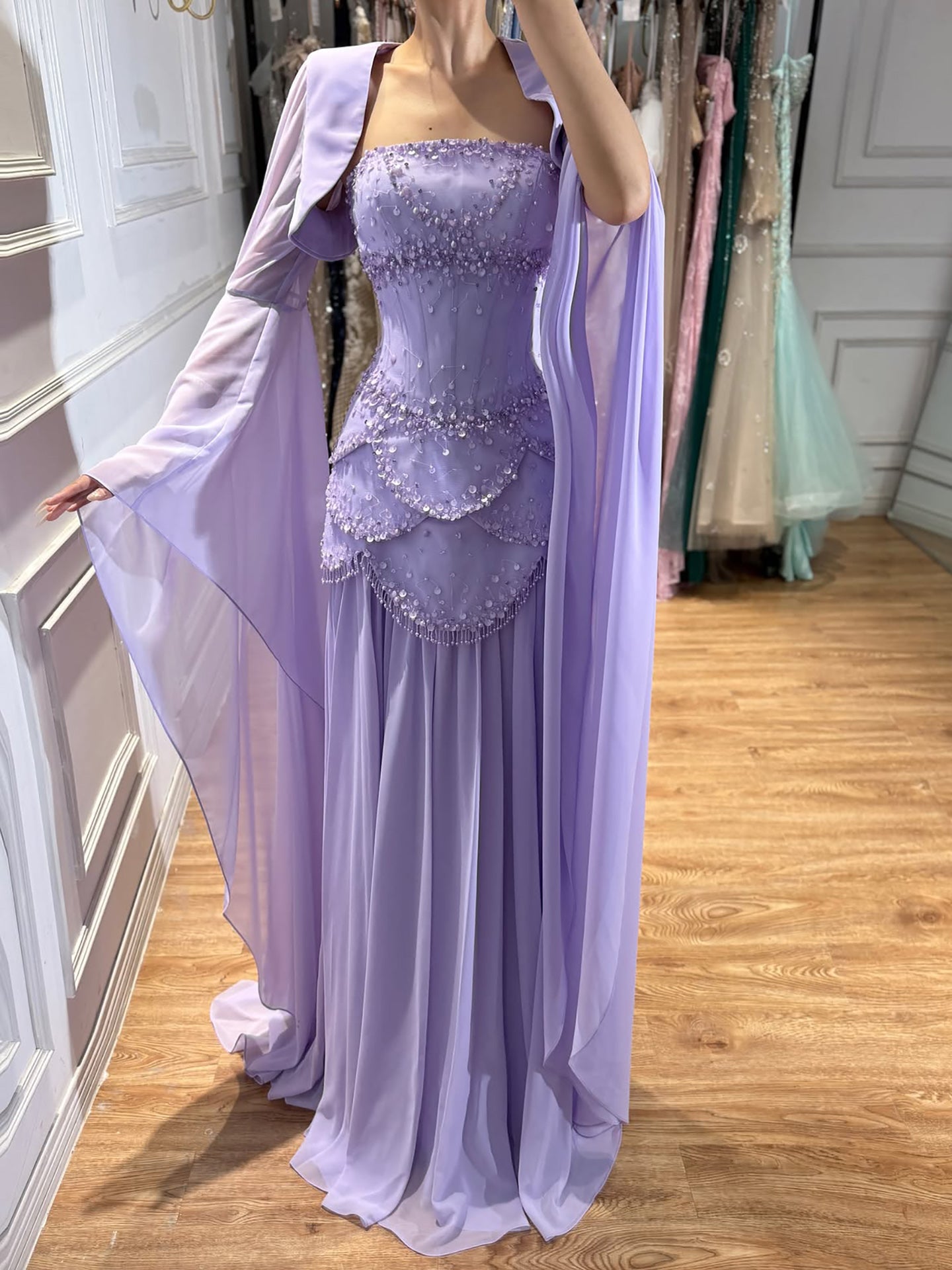 Luxury Pink Beaded A Line Dress with Chiffon Cape Sleeves LA72978B SERENE HILL