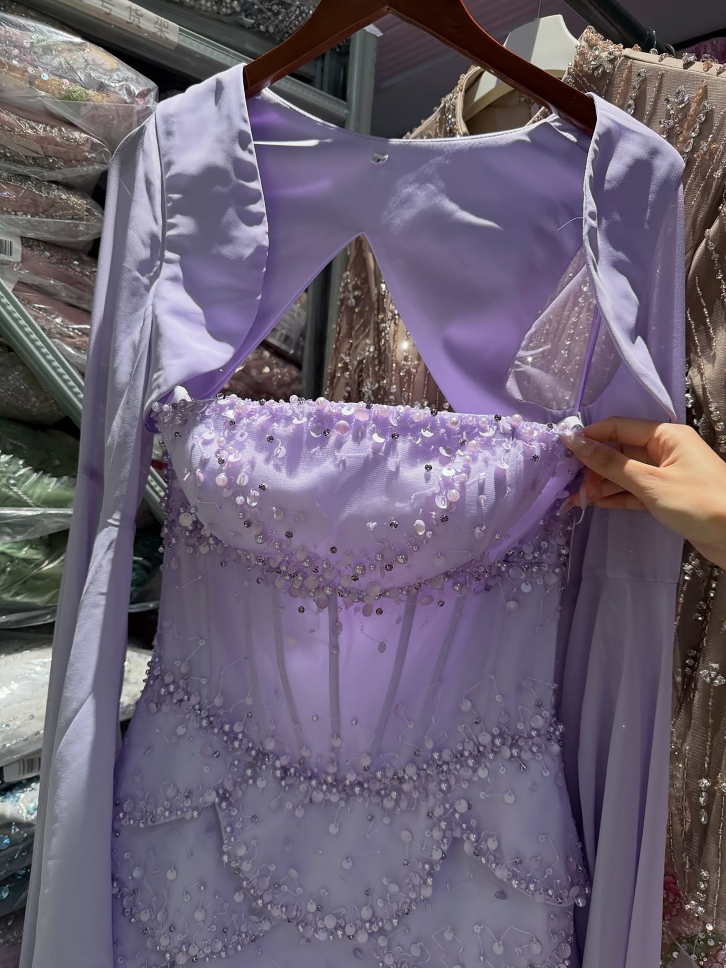 Luxury Pink Beaded A Line Dress with Chiffon Cape Sleeves LA72978B SERENE HILL
