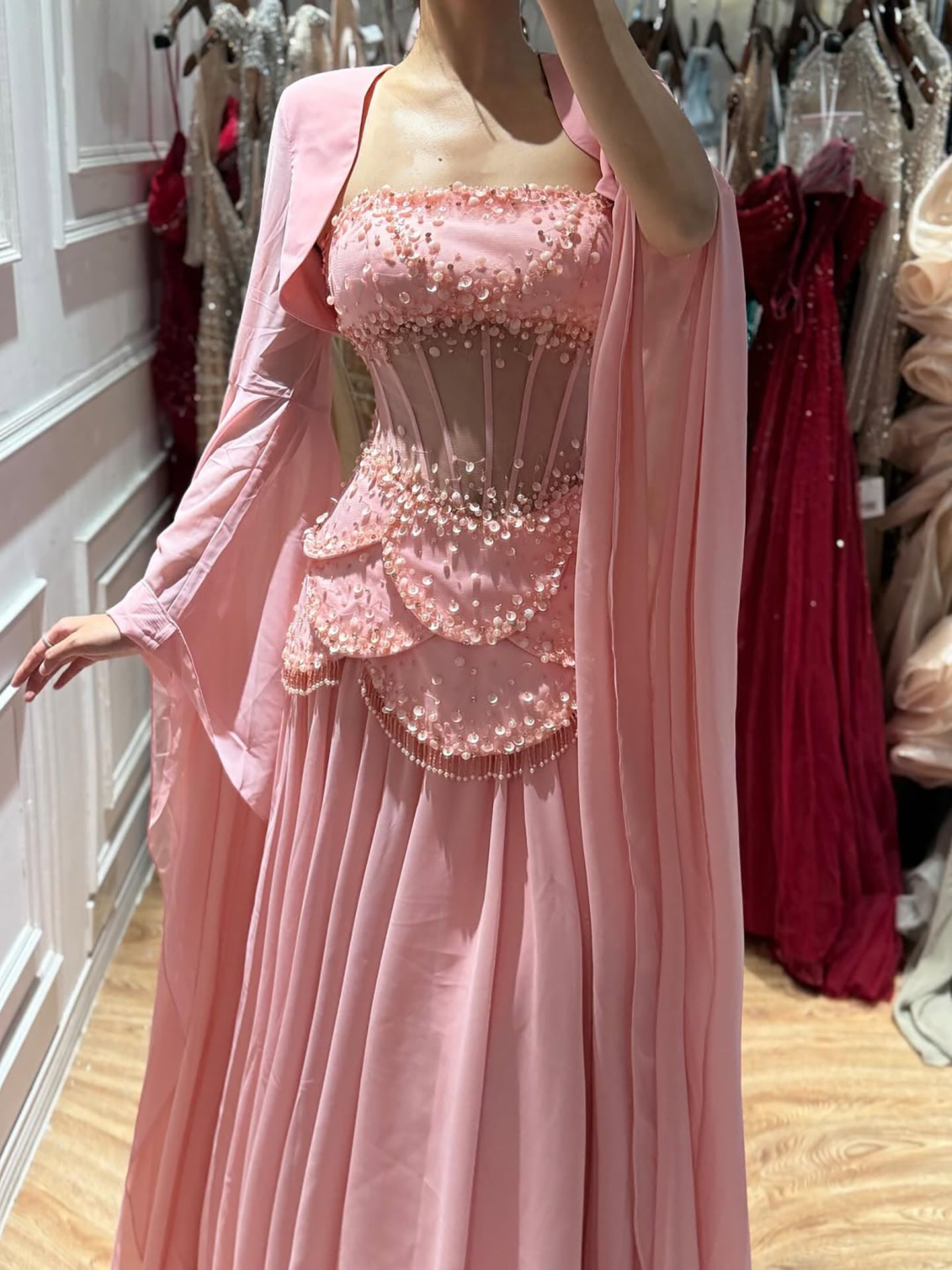 Luxury Pink Beaded A Line Dress with Chiffon Cape Sleeves LA72978B SERENE HILL