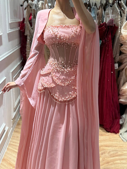 Luxury Pink Beaded A Line Dress with Chiffon Cape Sleeves LA72978B SERENE HILL