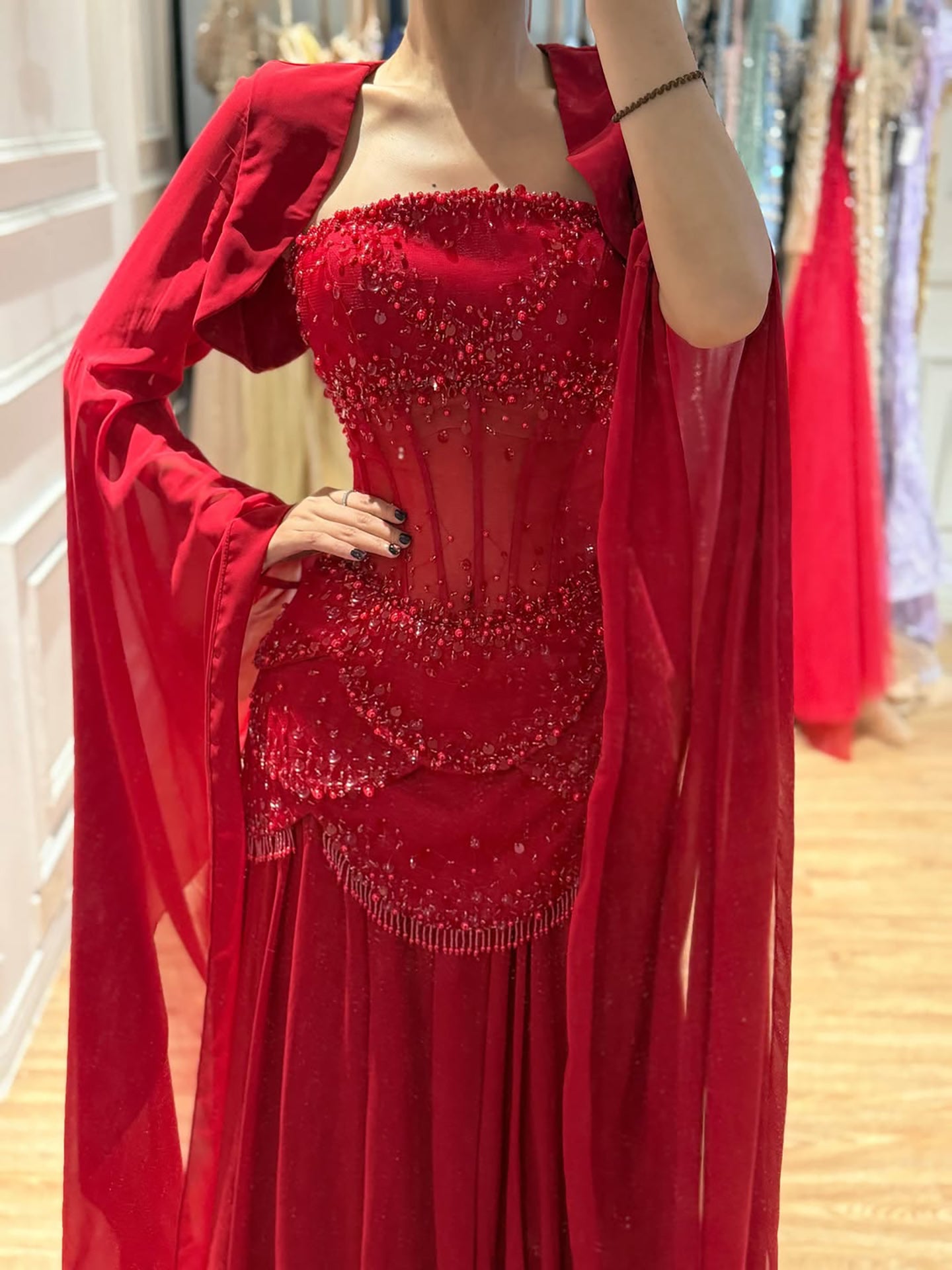 Luxury Pink Beaded A Line Dress with Chiffon Cape Sleeves LA72978B SERENE HILL