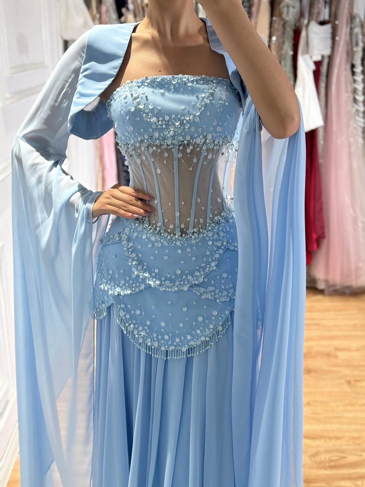 Luxury Pink Beaded A Line Dress with Chiffon Cape Sleeves LA72978B SERENE HILL