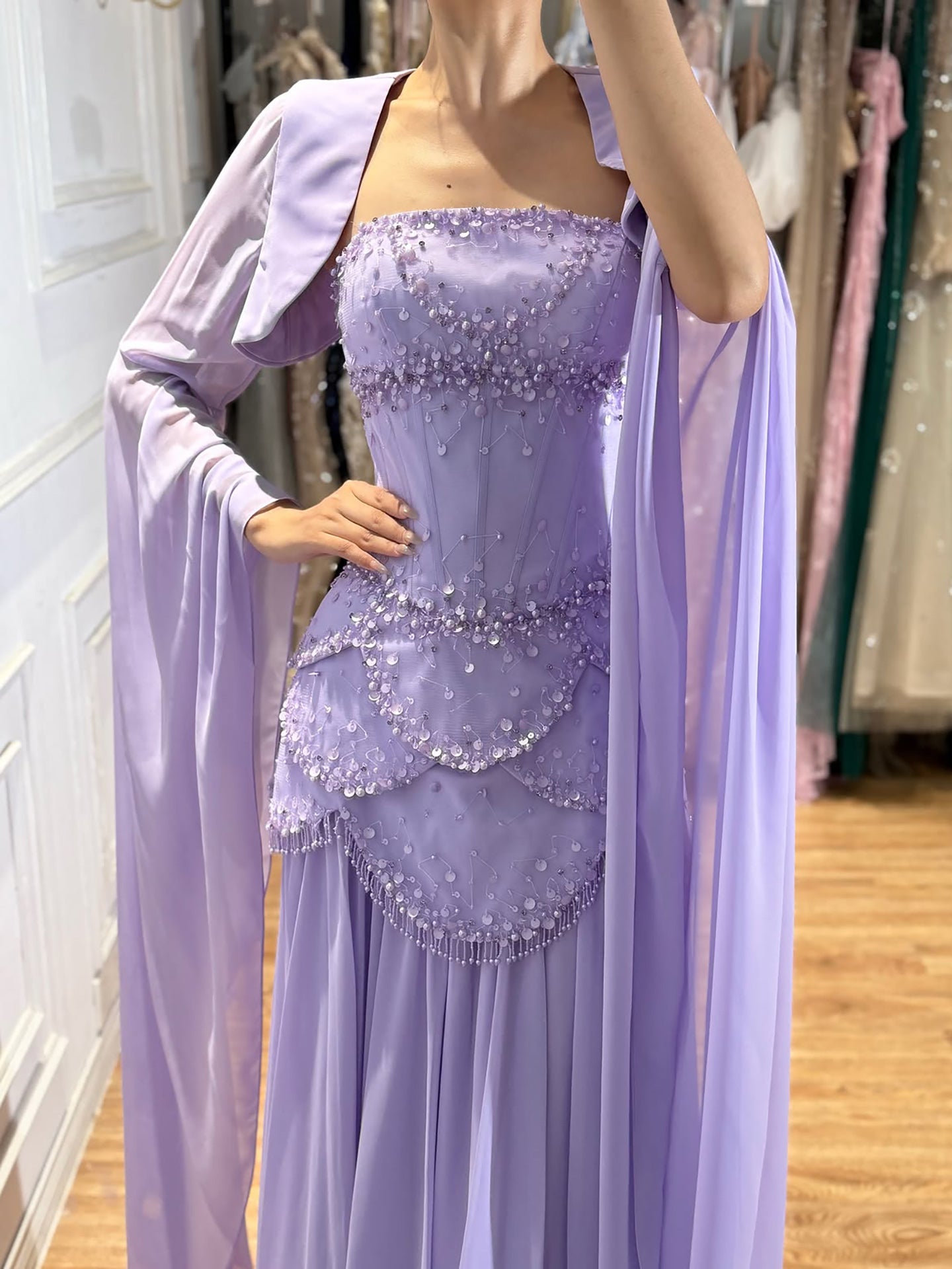 Luxury Pink Beaded A Line Dress with Chiffon Cape Sleeves LA72978B SERENE HILL