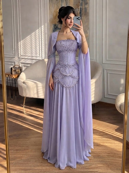 Luxury Pink Beaded A Line Dress with Chiffon Cape Sleeves LA72978B SERENE HILL
