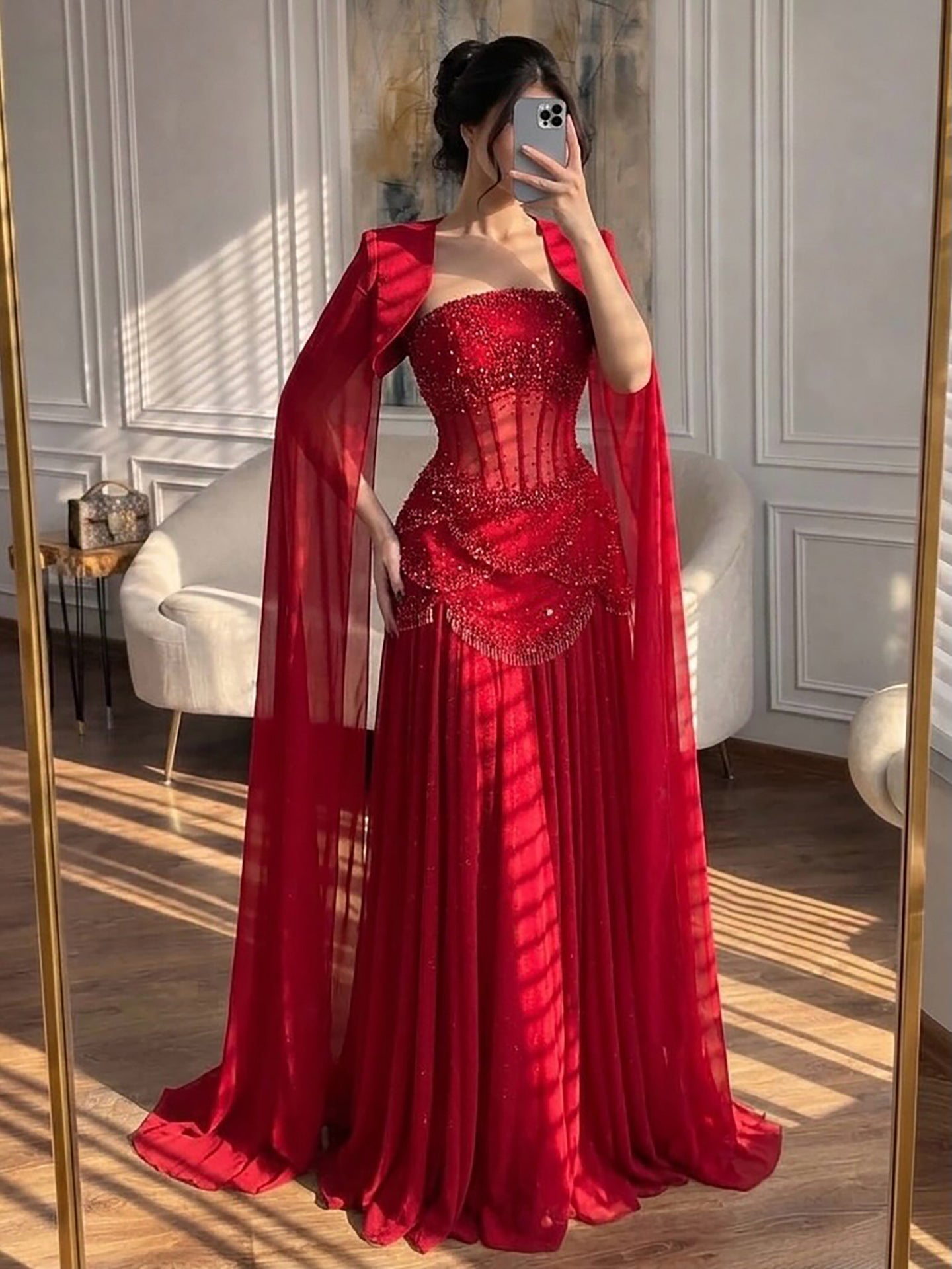 Luxury Pink Beaded A Line Dress with Chiffon Cape Sleeves LA72978B SERENE HILL