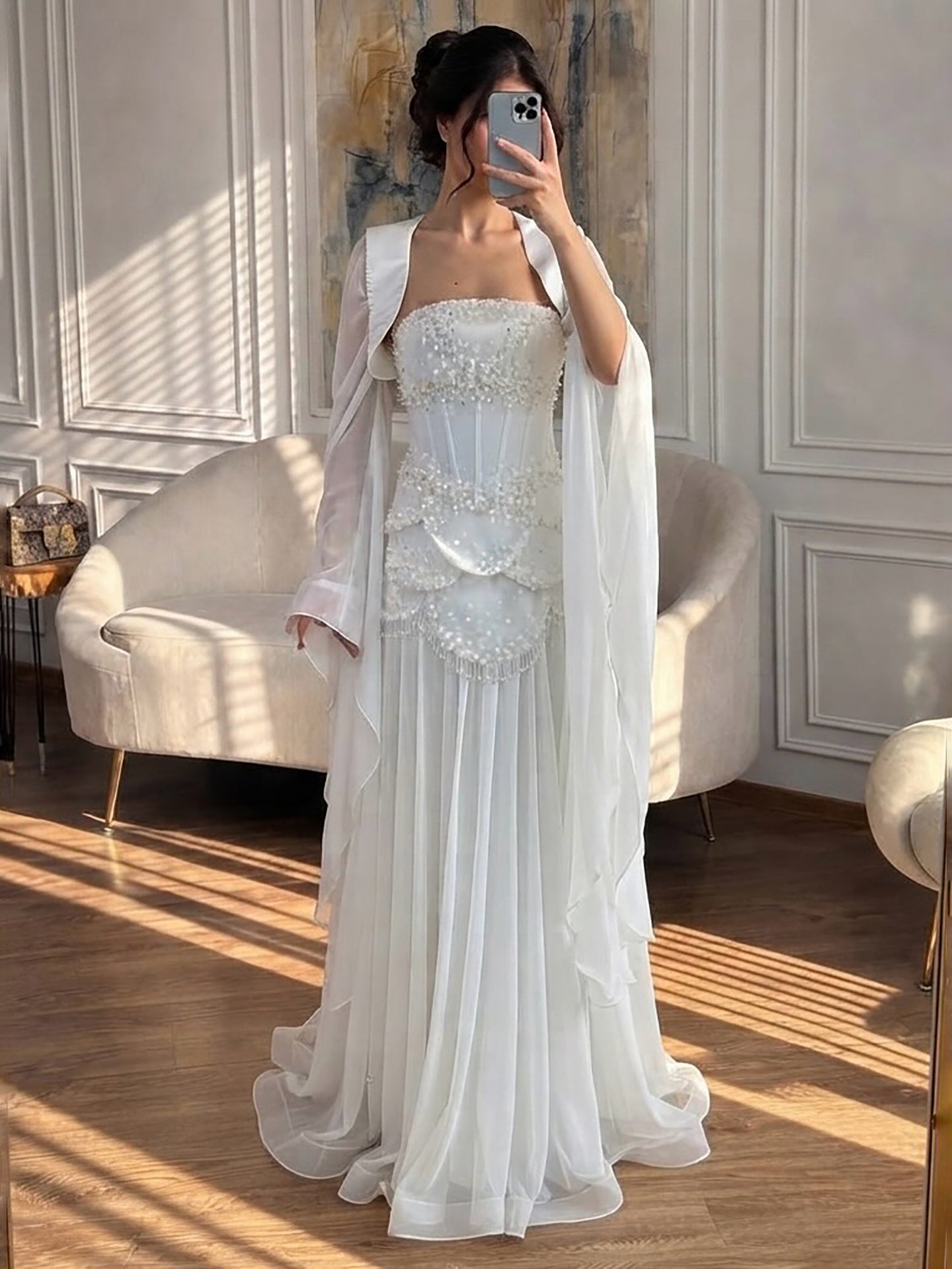 Luxury Pink Beaded A Line Dress with Chiffon Cape Sleeves LA72978B SERENE HILL